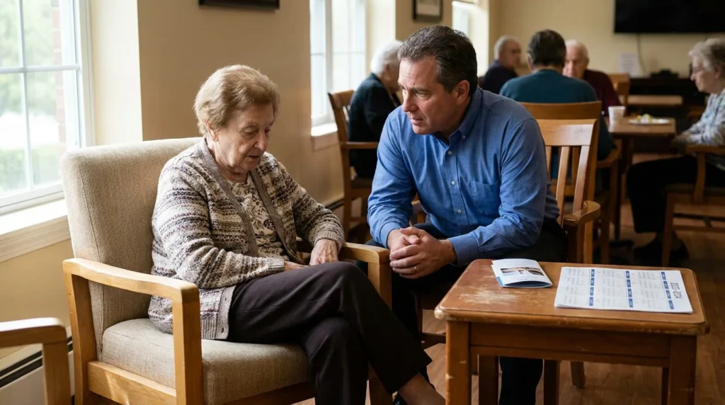 man consulting with elderly woman seated in armchair at care facility table