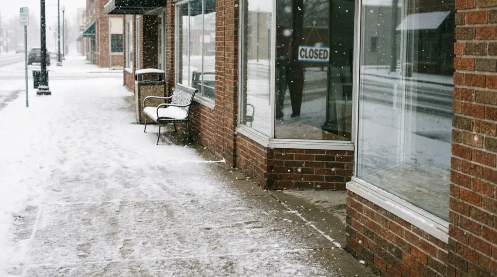 snow-covered sidewalk outside brick storefront displaying Closed sign during snowstorm