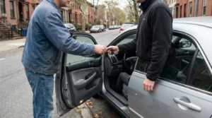 two men exchanging car keys beside open vehicle door on urban street