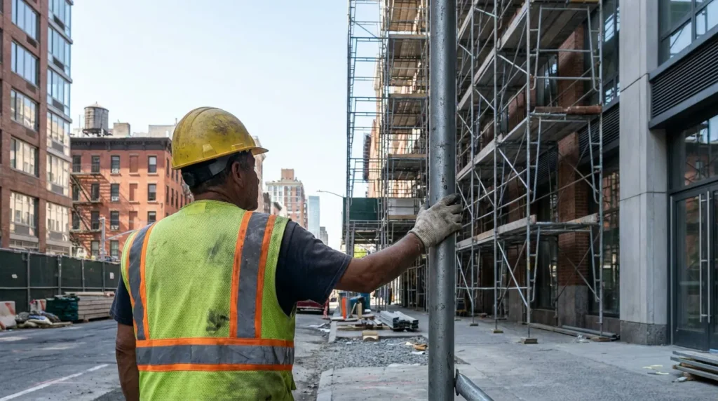 construction worker in hard hat and safety vest gripping scaffold pole at urban job site