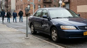 Honda sedan with visible door dent parked beside street meter on urban sidewalk