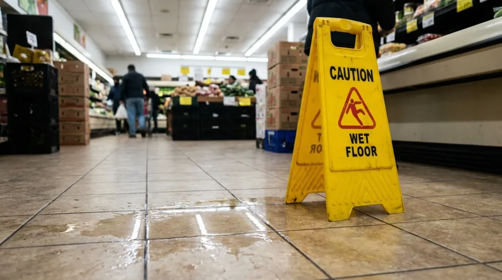 Caution Wet Floor sign on wet tile floor inside grocery store aisle