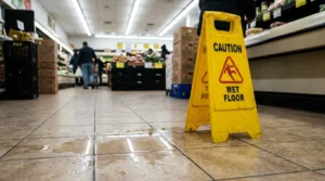 Caution Wet Floor sign on wet tile floor inside grocery store aisle