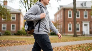 college student carrying backpack with ID badge walking across campus grounds