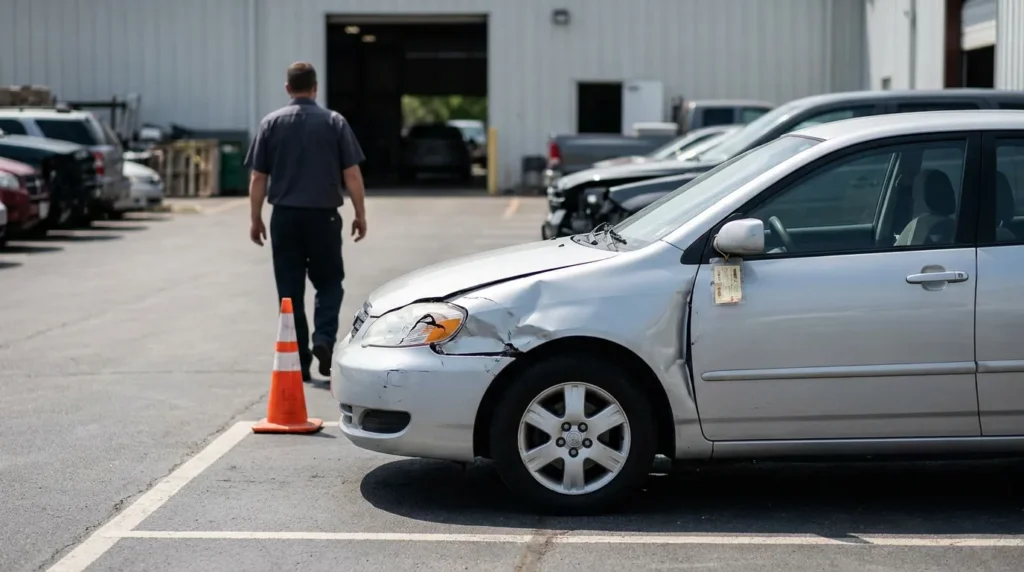 man walking past sedan with crushed front hood damage in auto lot