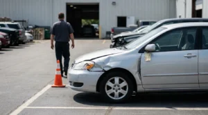 man walking past sedan with crushed front hood damage in auto lot