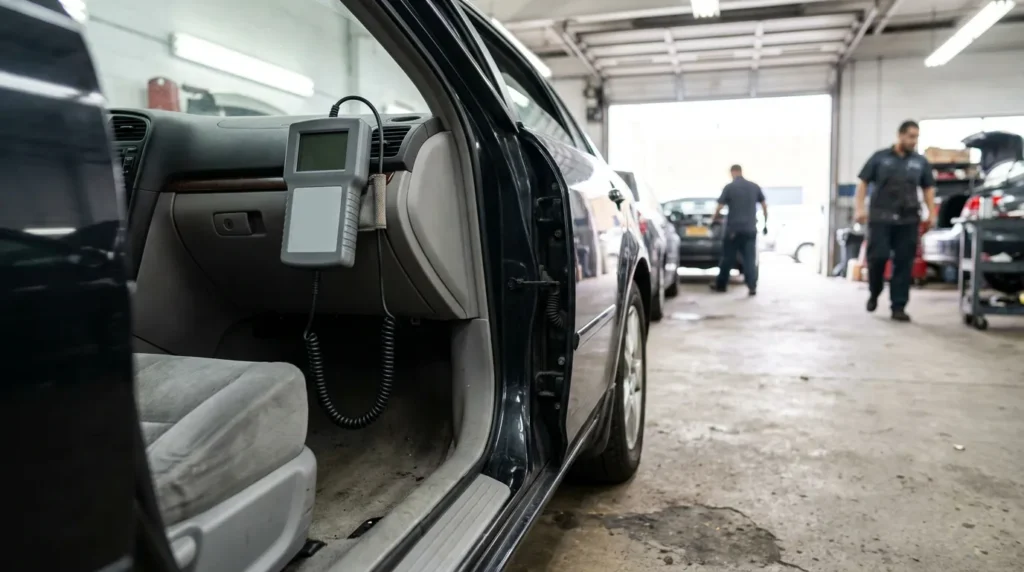 OBD diagnostic scanner plugged into vehicle inside auto repair shop with mechanics