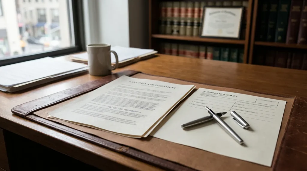 Last Will and Testament document beside Surrogate's Court form on attorney desk