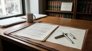 Last Will and Testament document beside Surrogate's Court form on attorney desk