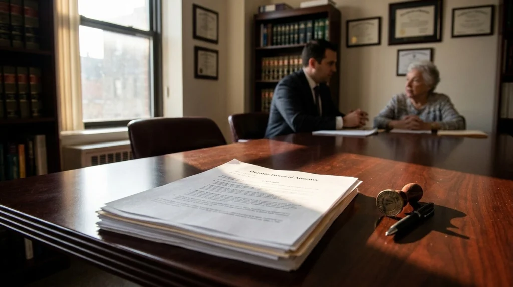 A stack of legal documents titled “Durable Power of Attorney” sits on a table; two people have a discussion in the background of an office lined with bookshelves and framed certificates.