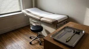 medical examination table, stool, and reflex hammer on instrument tray