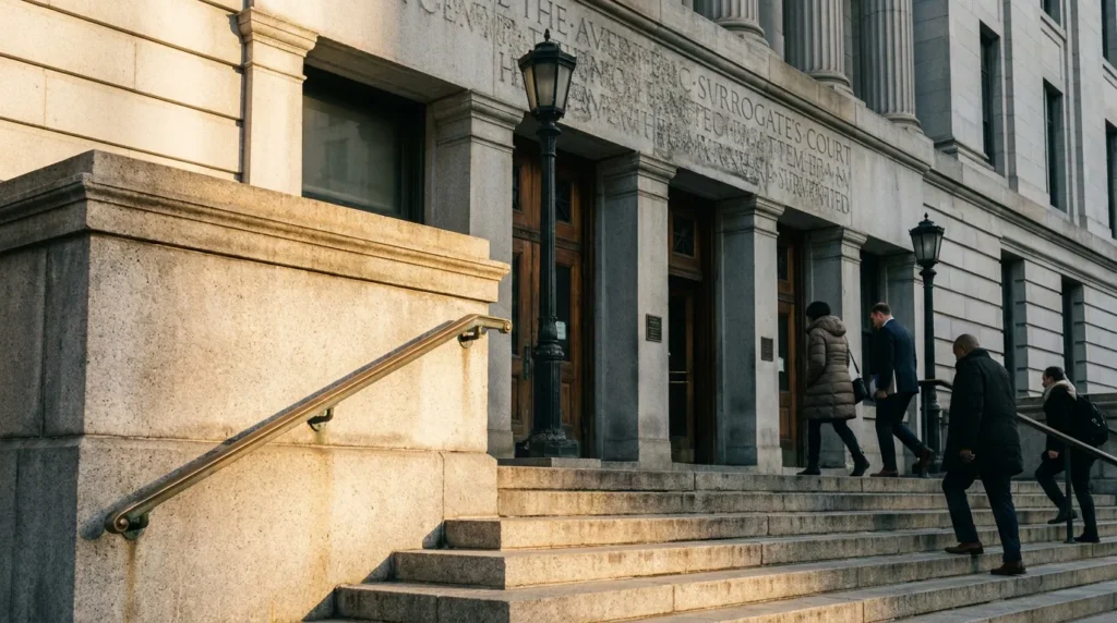 people ascending stone steps outside Surrogate's Court building entrance