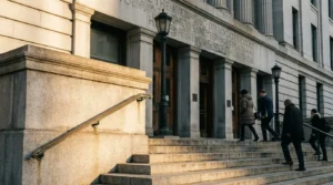 people ascending stone steps outside Surrogate's Court building entrance