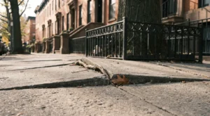 cracked and uplifted sidewalk slabs near tree roots beside urban brownstone buildings